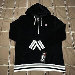 Fila Velour Hoodie 1/4 Zip Pullover Sweatshirt Black